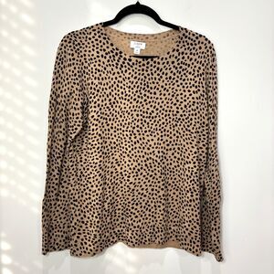 J Crew Teddie Sweater Leopard Print Women M Cotton Tan Preppy Old Money Bold